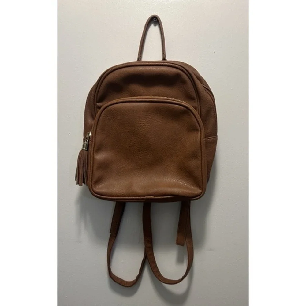 Brown Faux Leather Backpack Bag Purse 10